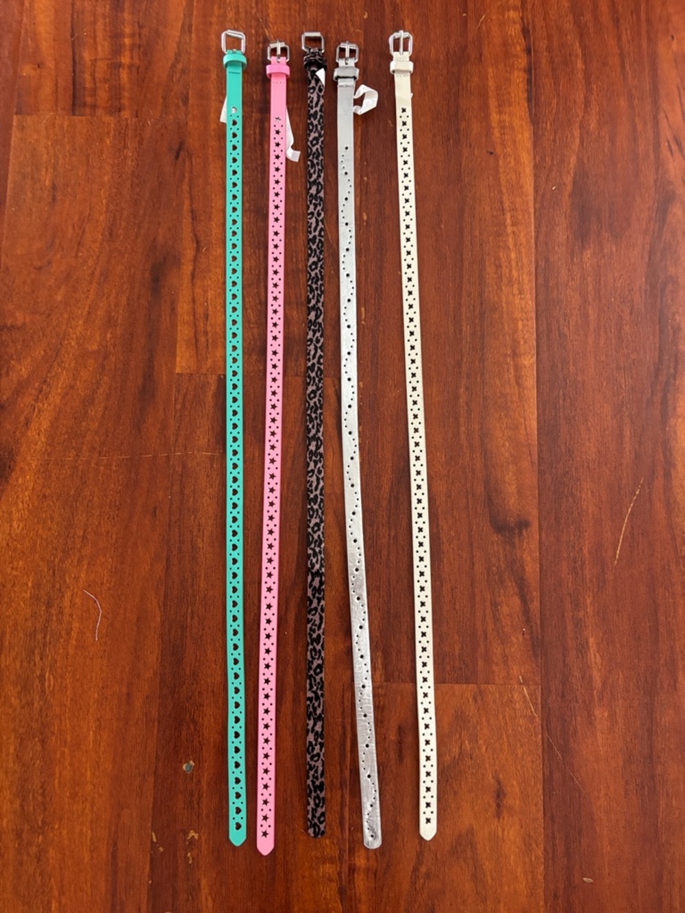 Set of 5 Star-Perforated Skinny Belts - Mint, Pink, Leopard, Silver, Cream
